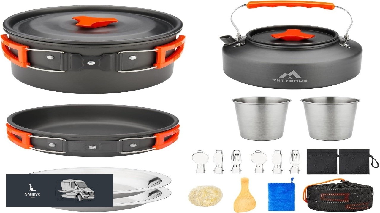 17pcs Camping Cookware Kit 0.45Gal Pot 7inches Pan 0.30Gal Kettle Set with 2