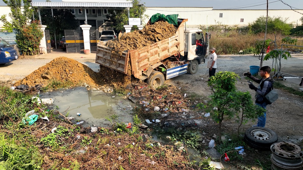 First Start Amazing Project! Delete Flooded Garbage Area Using Dozer D20P Pushing Stone with Truck