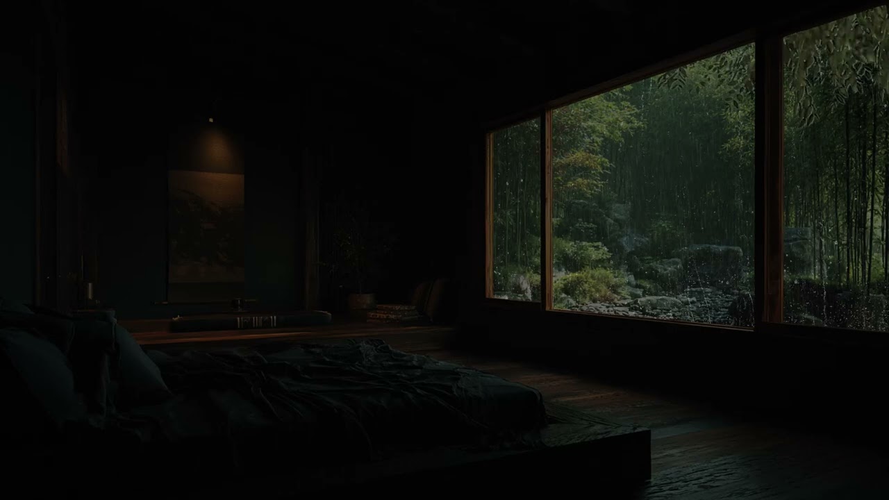 Rain beyond shoji screens 🌧️ as the tatami room breathes with the garden at dusk