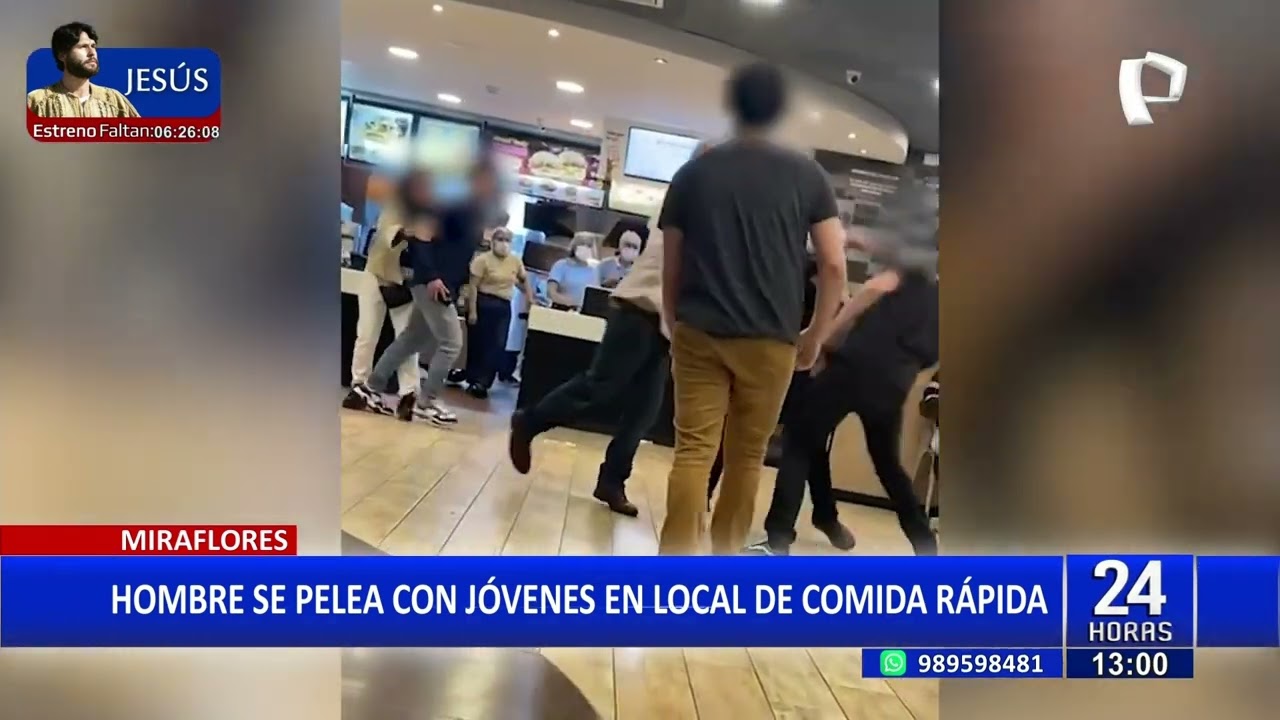 Sujeto se pelea con dos jóvenes dentro de un local de comida en Miraflores