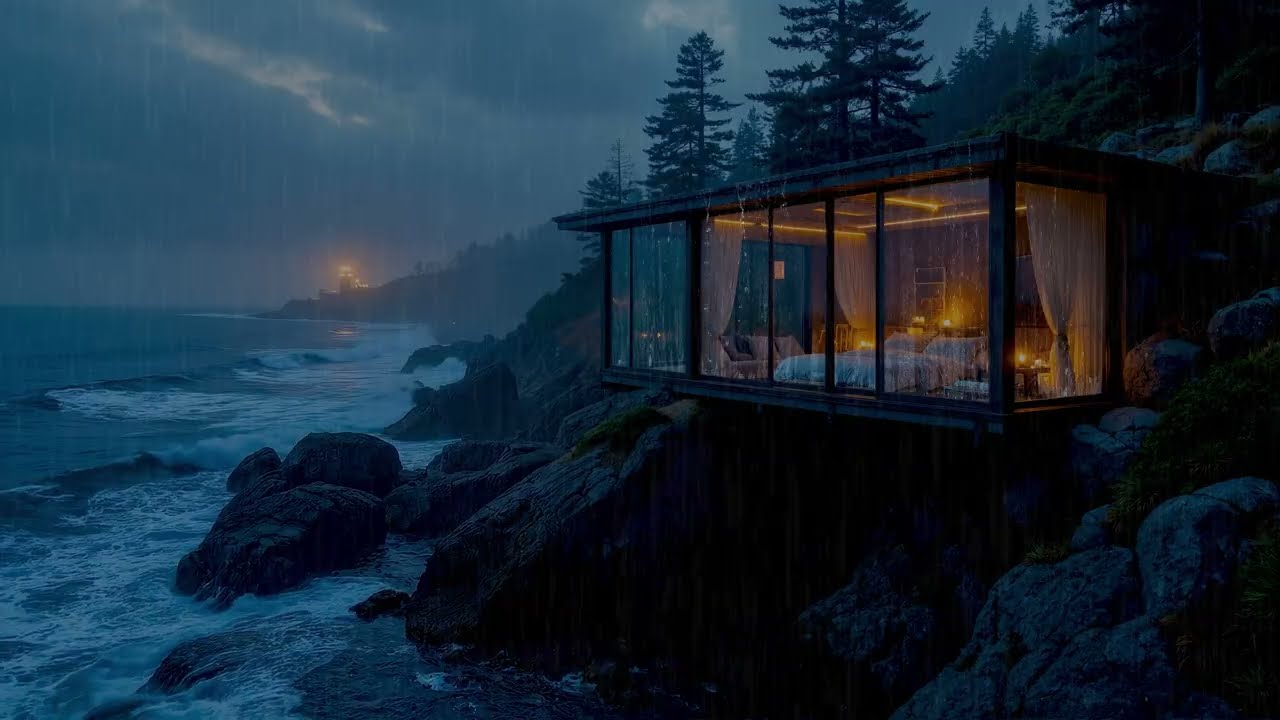 Serene Oceanfront Cabin | Soothing Piano Music & Rain Sounds for Restful Sleep | 4K