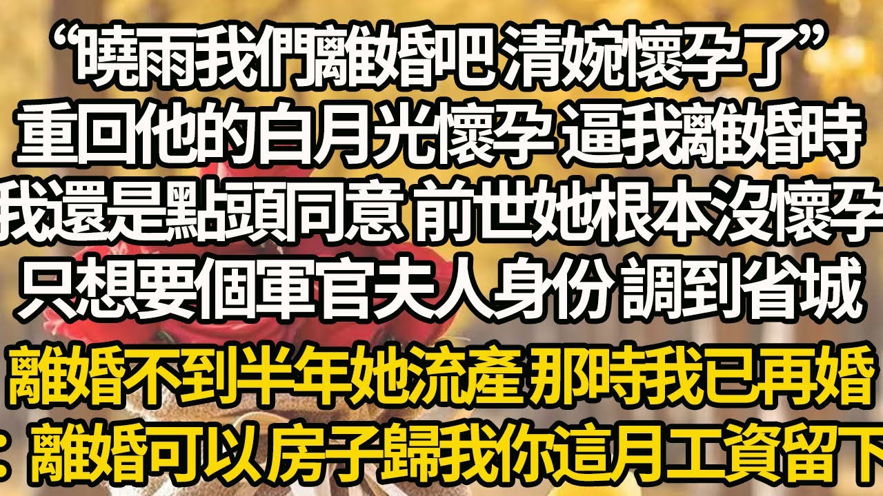 【完結】“曉雨我們離婚吧 清婉懷孕了”，重回他的白月光懷孕逼我離婚時，我還是點頭同意 前世她根本沒懷孕，只想要個軍官夫人身份調到省城，離婚不到半年她流產 那時我已再婚：離婚可以 房子歸我你這月工資留下