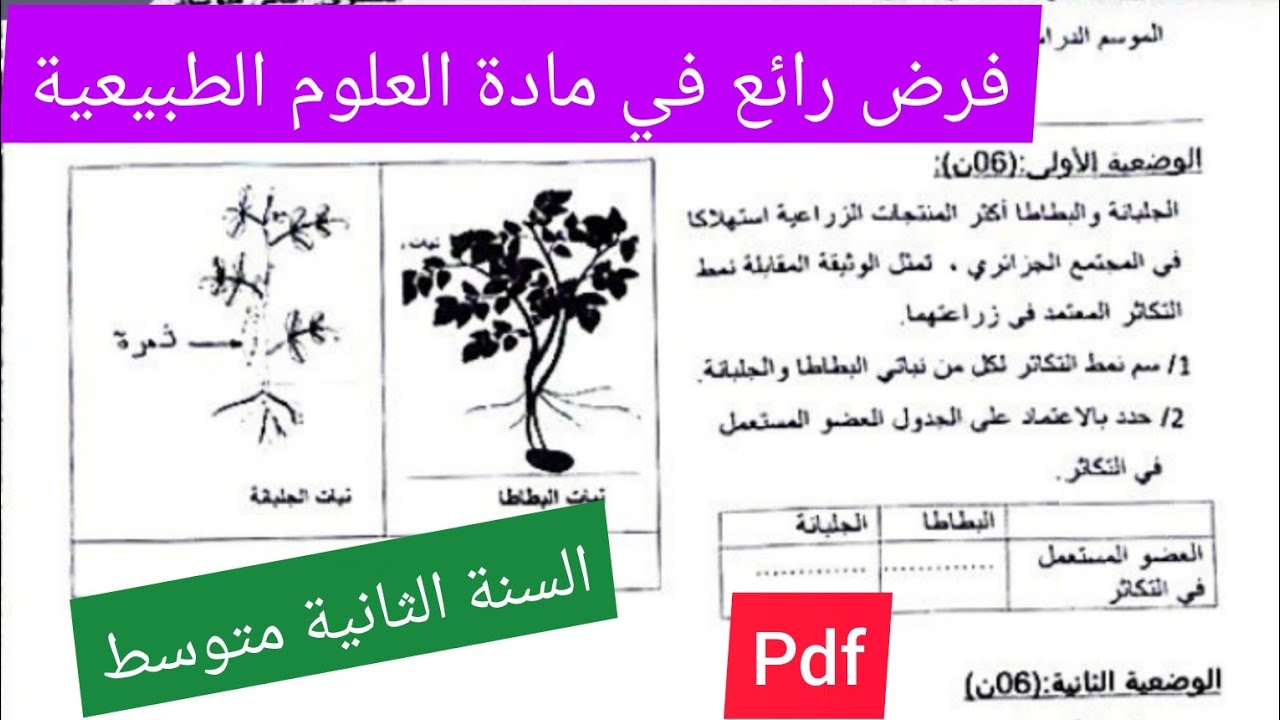 فرض الفصل الثالث في مادة العلوم الطبيعية السنة الثانية متوسط