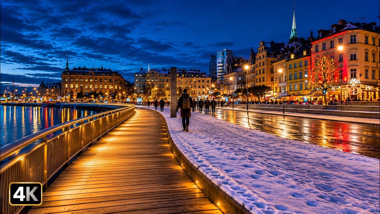 Cinematic Stockholm Winter Walk | Ice Rink, Snow & City Lights in 4K HDR