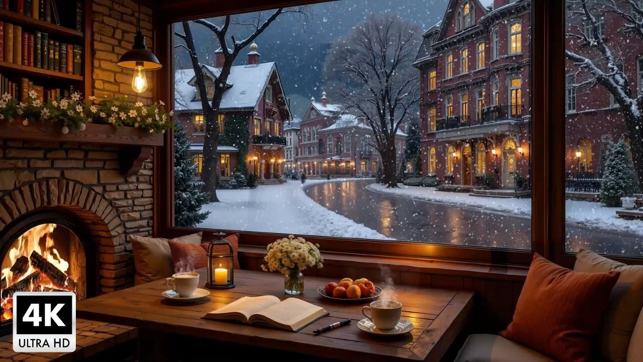 Beautiful Relaxing Jazz Music ~ Warm Winter Coffee Shop Space and Fireplace for Study, Work & Relax