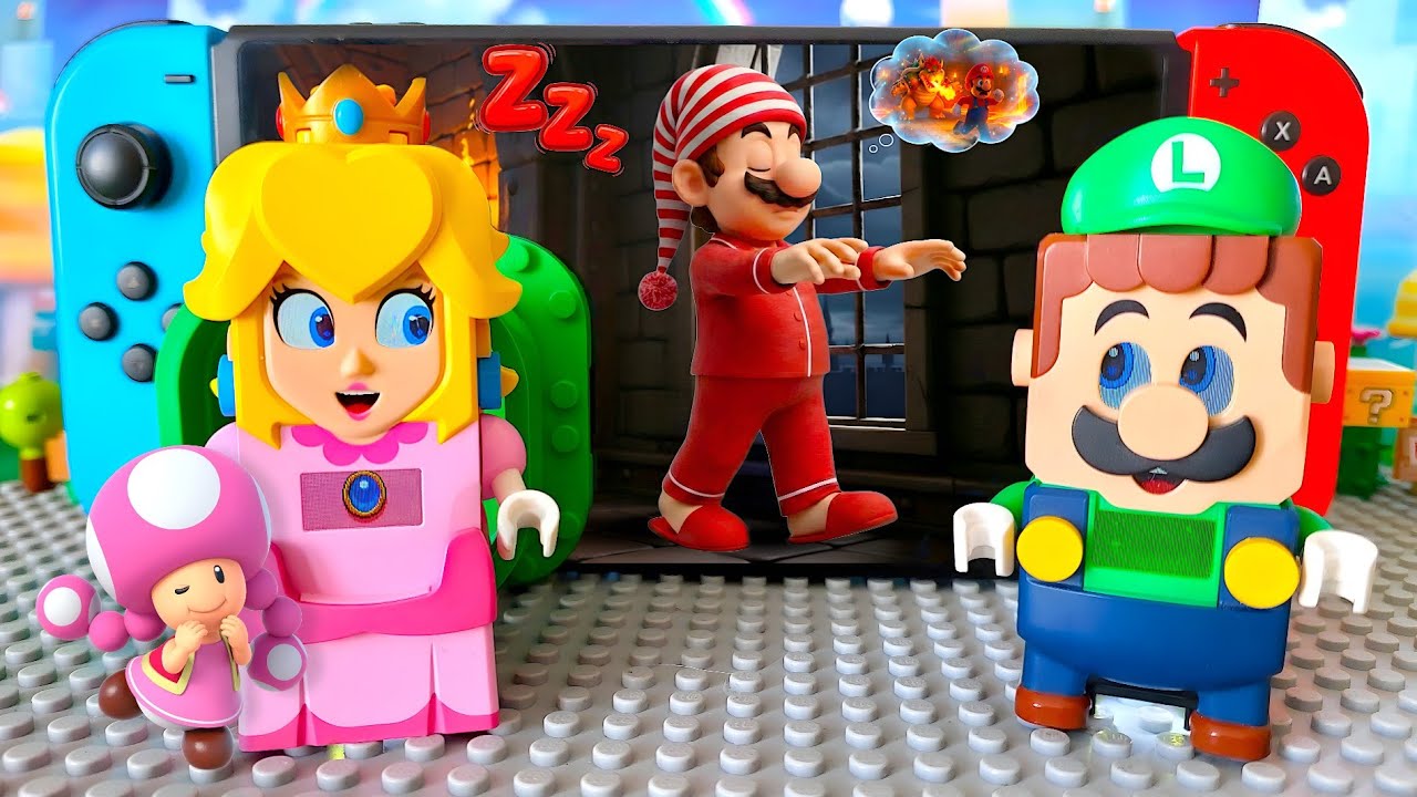 Lego Mario is Walking in His Sleep! 😴 Luigi & Princess Peach go after him into Nintendo! #legomario