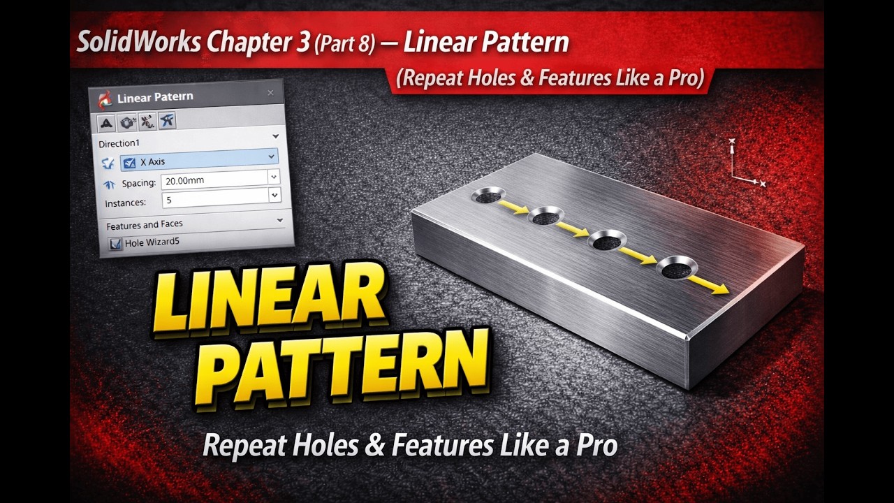 SolidWorks Chapter 3 (Part 8) — Linear Pattern (Repeat Holes & Features Like a Pro)