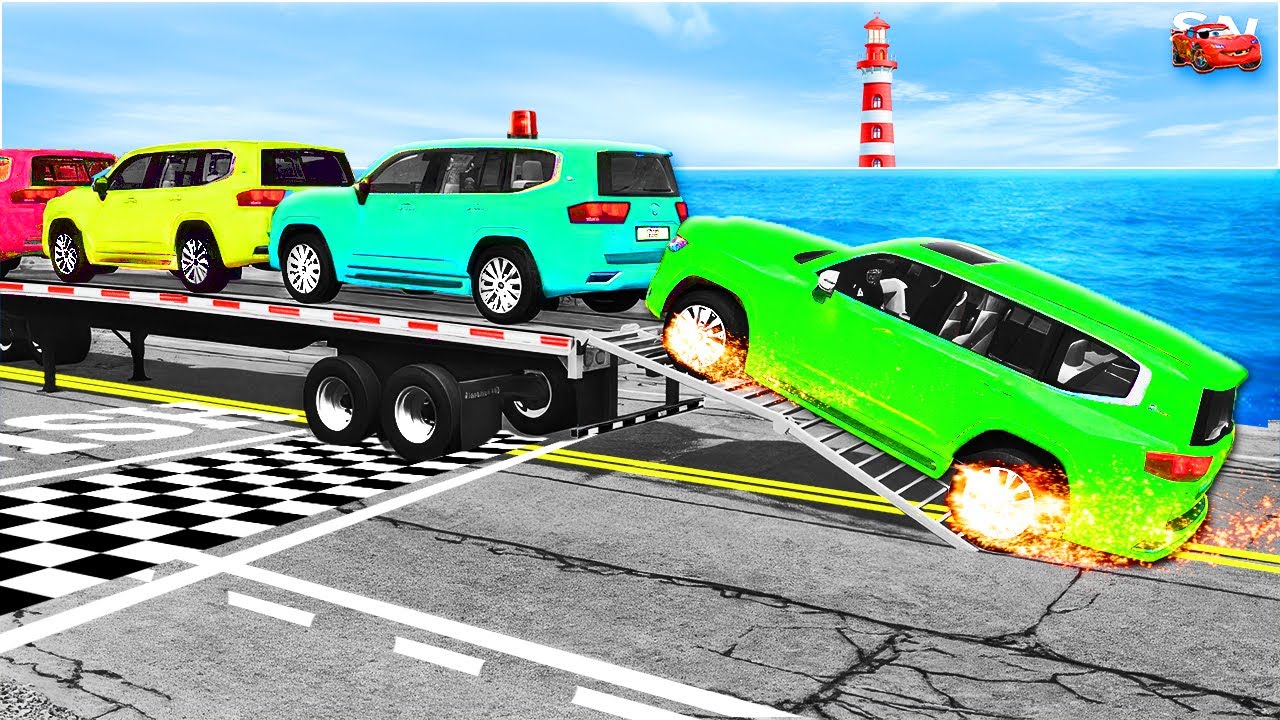 Triple Flatbed Trailer McQueen Transportation with Truck - Speedbumps vs Cars vs Train - BeamNG #22