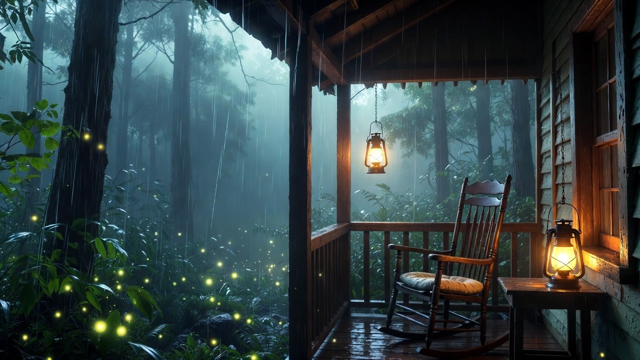 Rain Sounds for Sleep 42 Min 🌧️ Cozy Ghibli Cabin Fireplace Crackling & Thunder ASMR