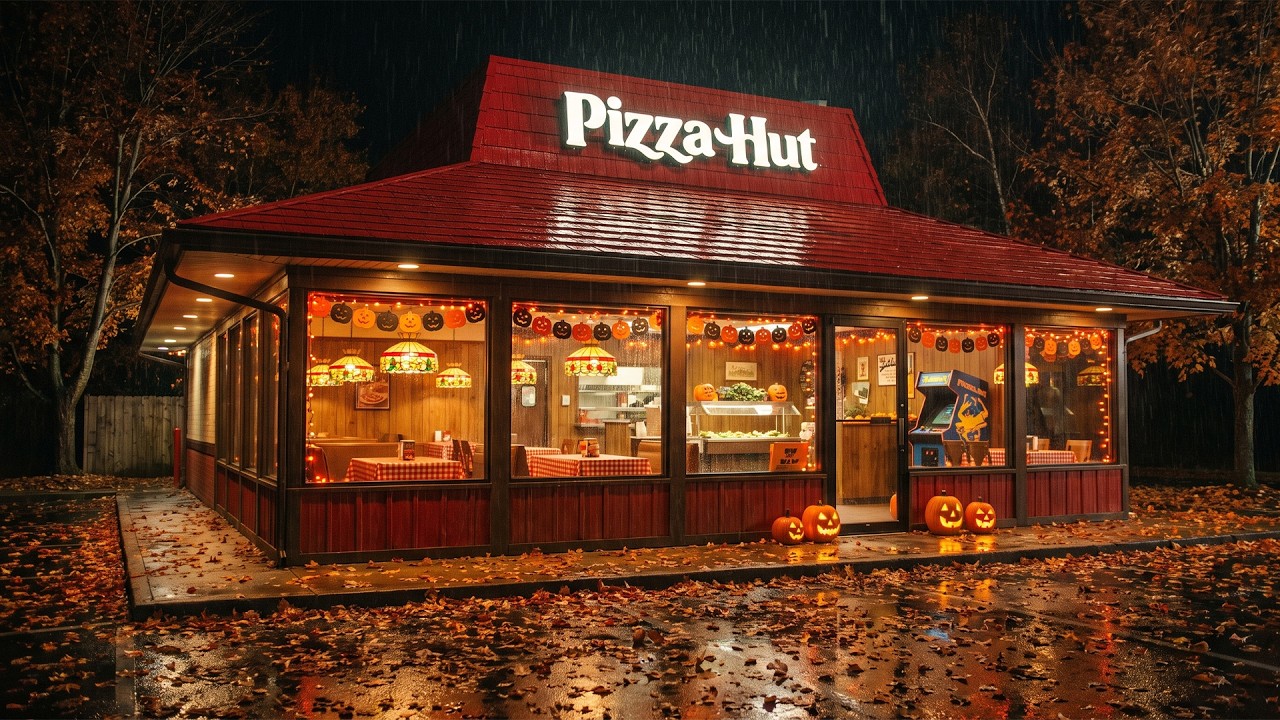 Rainy Halloween Night at a 1980's Pizza Hut 🎃 Nostalgia Ambience | Cozy Autumn Vibes