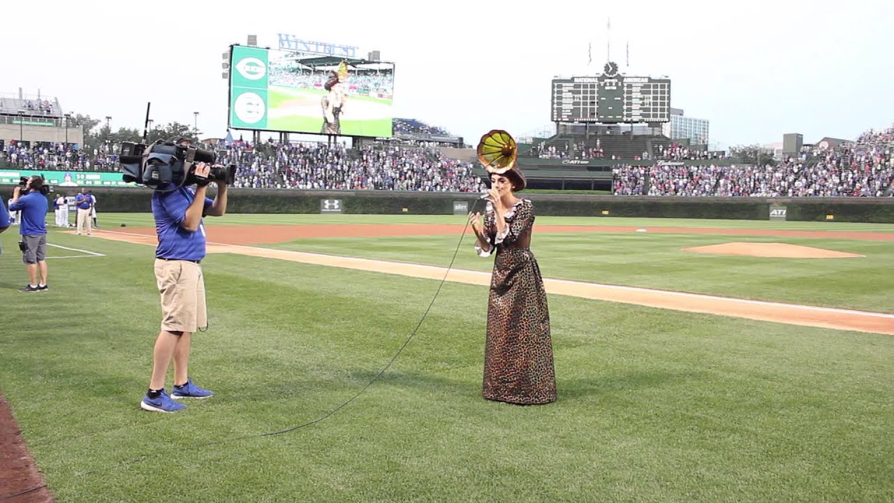 Erini singing the US National Anthem at Wrigley Field