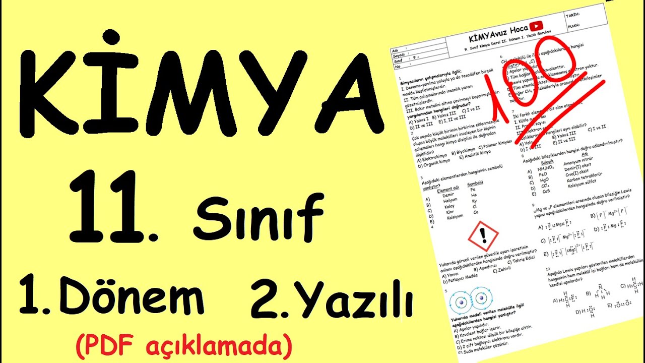 KİMYA 11. Sınıf 1. Dönem 2. Yazılı Soruları (test) Yazılıya hazırlık (PDF açıklamada) 2022/2023