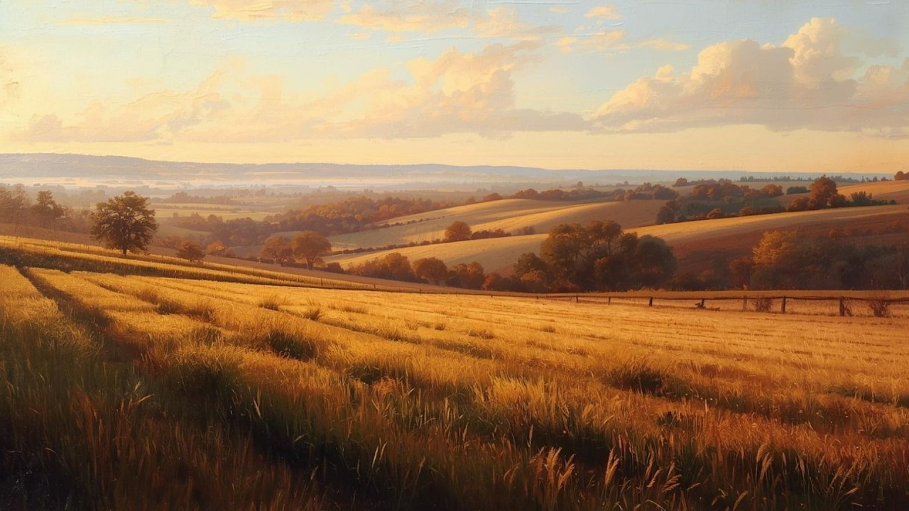 Golden Sunset Country Farm Fields Landscape Vintage Painting | Frame TV Art | 2-Hour Screensaver