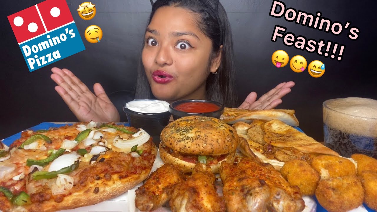 DOMINOS FEAST! CHEESE BUST PIZZA, CHICKEN WINGS, TACOS, BURGER, CHEESE BALLS | FOOD EATING VIDEOS