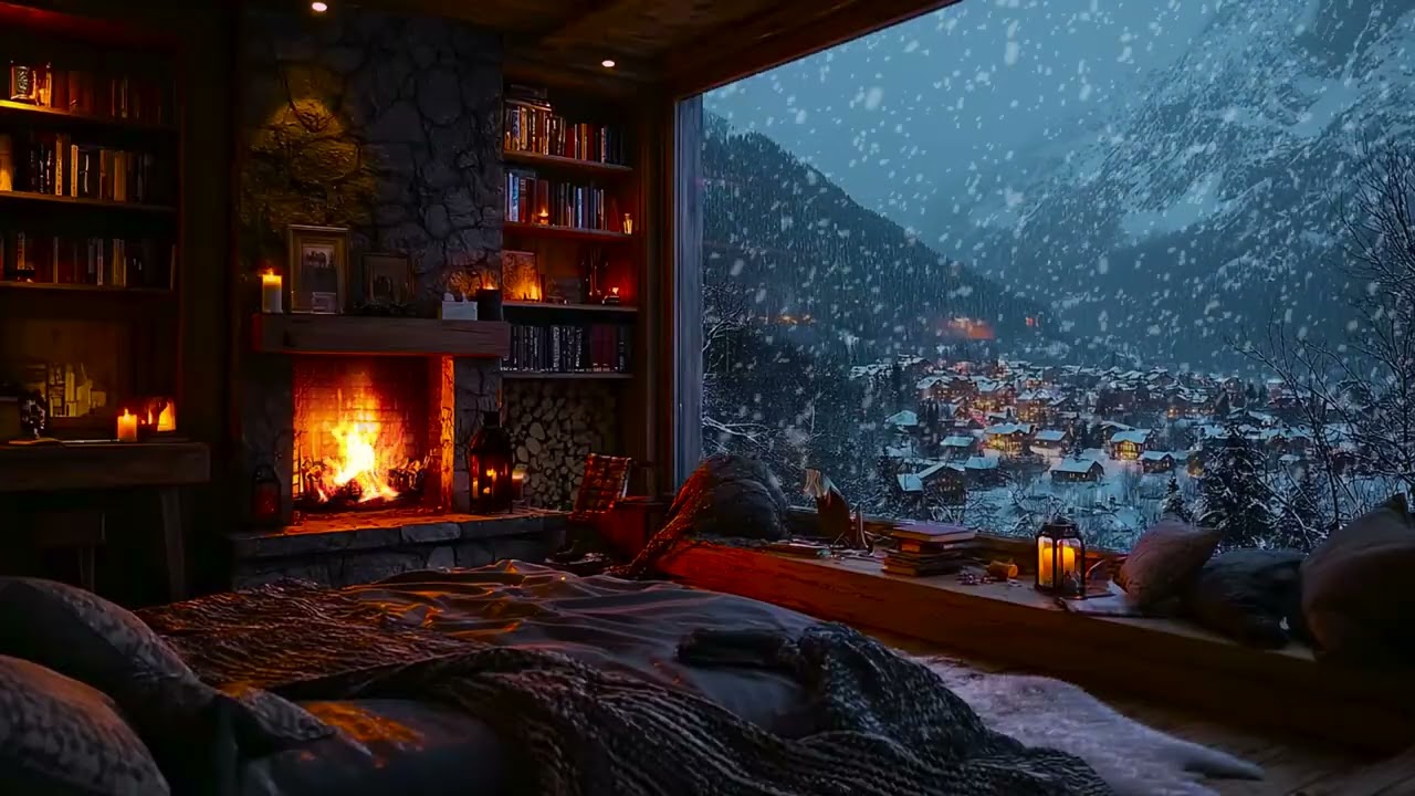 Peaceful Winter Snowfall Outside a Cozy Rustic Cabin with Warm Fireplace Sounds for Deep Sleep