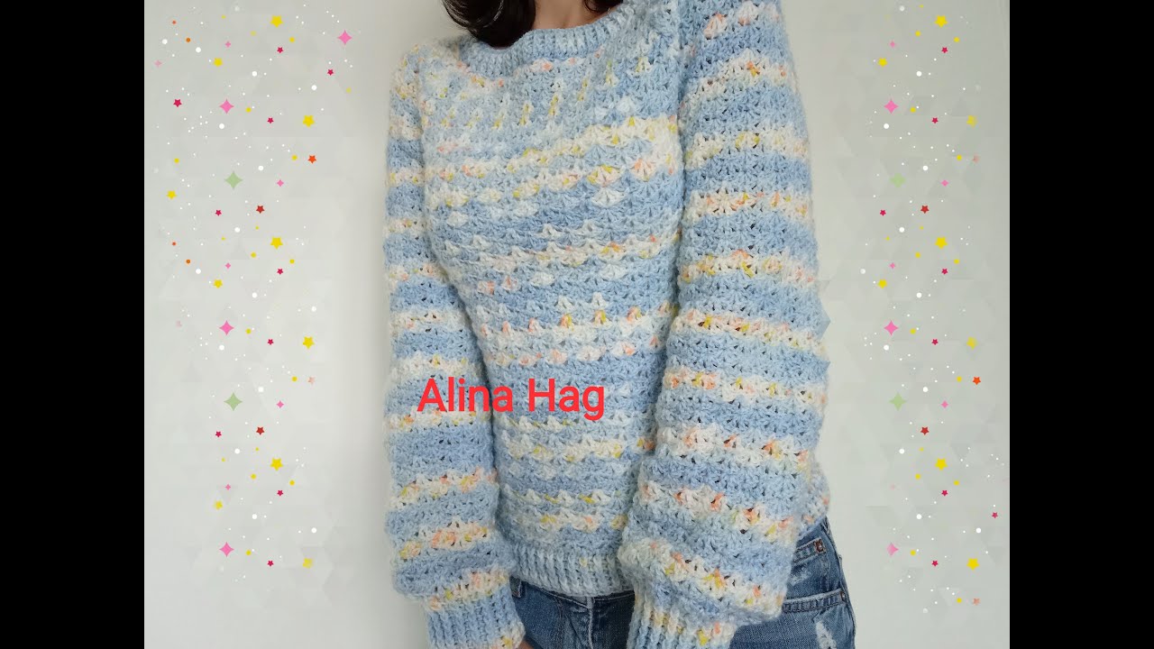 pulover Rainbow/ reglan blouse/ pull au crochet/ джемпер крючком