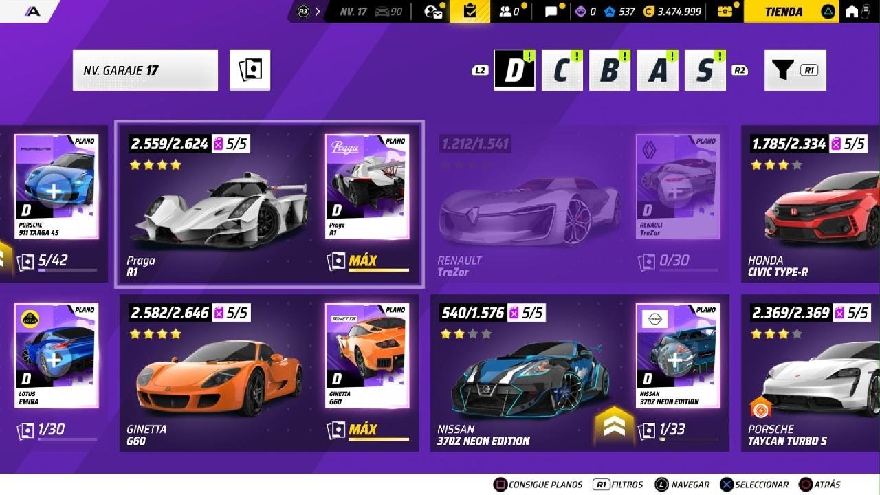 Asphalt Legends mi garaje nivel 17 Me ha costado 2 años