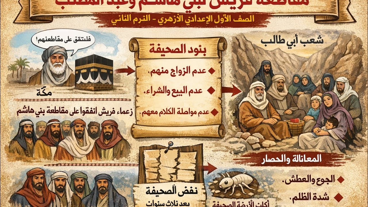 مقاطعة قريش لبني هاشم وعبد المطلب للصف الاول الاعدادي الترم الثاني 2026