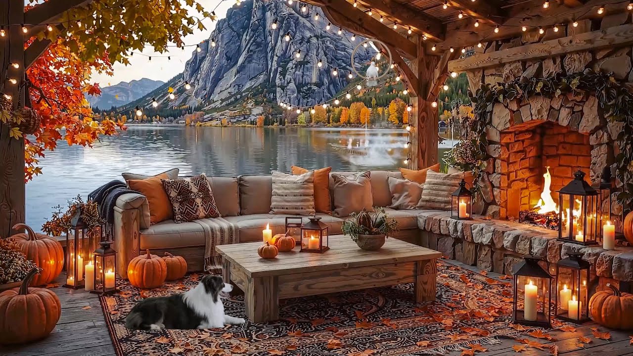 Beautiful Lakeside Cabin Autumn 🍁 Soothing Autumn Music with Fireplace, Dog