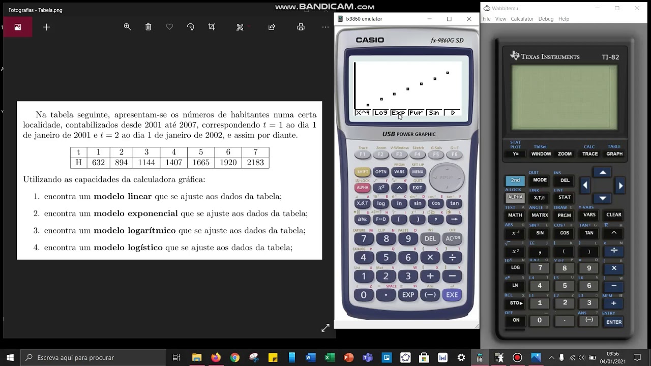 Modela&ccedil;&atilde;o linear, exponencial, logar&iacute;tmico e log&iacute;stico na Casio e Texas (Matem&aacute;tica A e MACS) PT-PT.