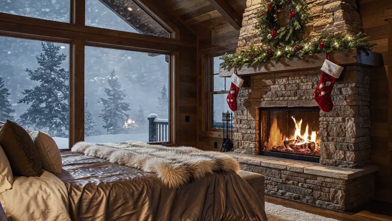 Cozy Winter Fireplace Ambience ❄️ Relaxing Piano Music, Soft Fire Sounds & Snowfall for Deep Sleep