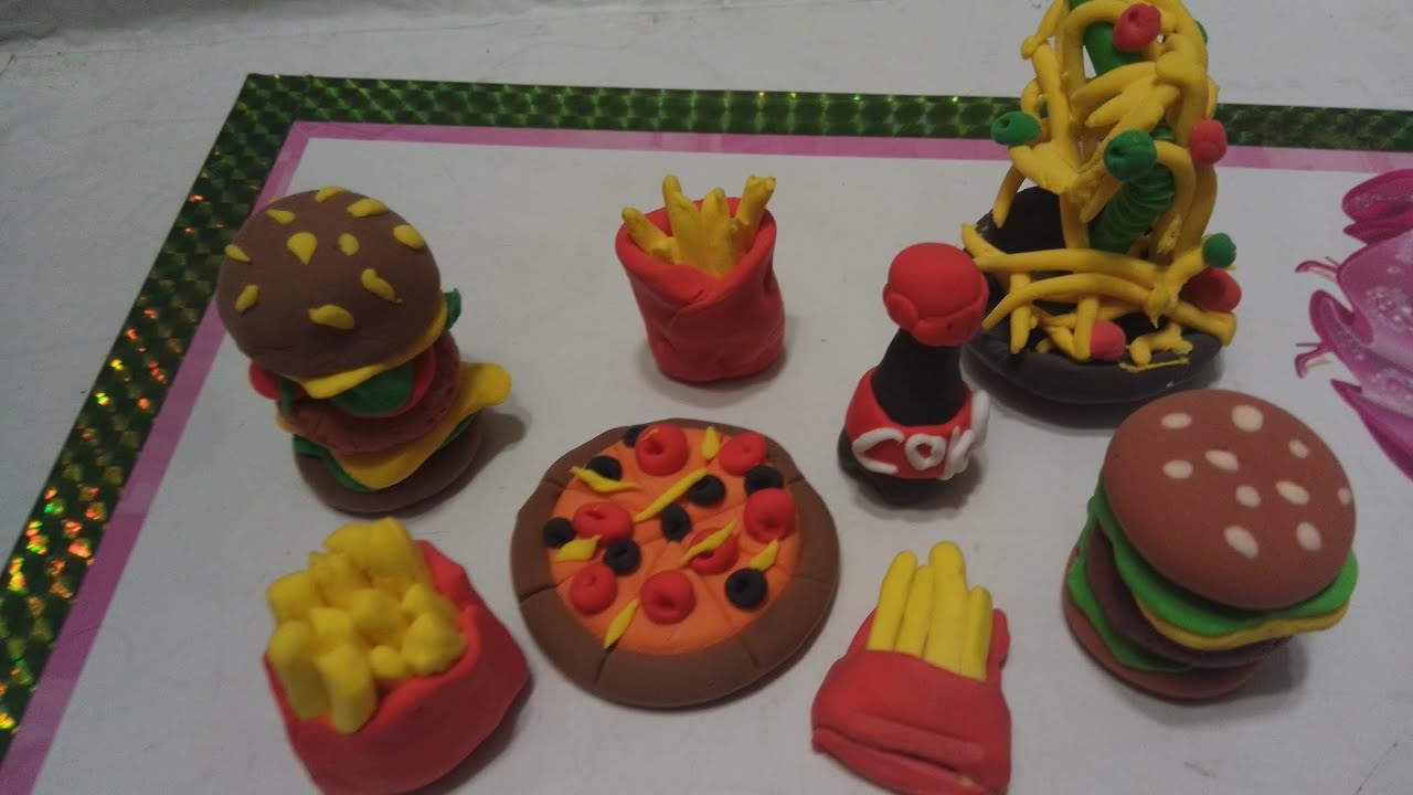 Diy how to make polymer clay miniature junk food pizza, 🍕 burger 🍔 noodles 🍜 fries 🍟 coke 