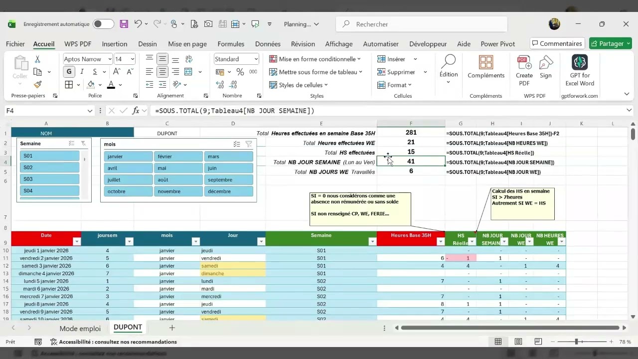 Planning calcul des Heures Supplémentaires