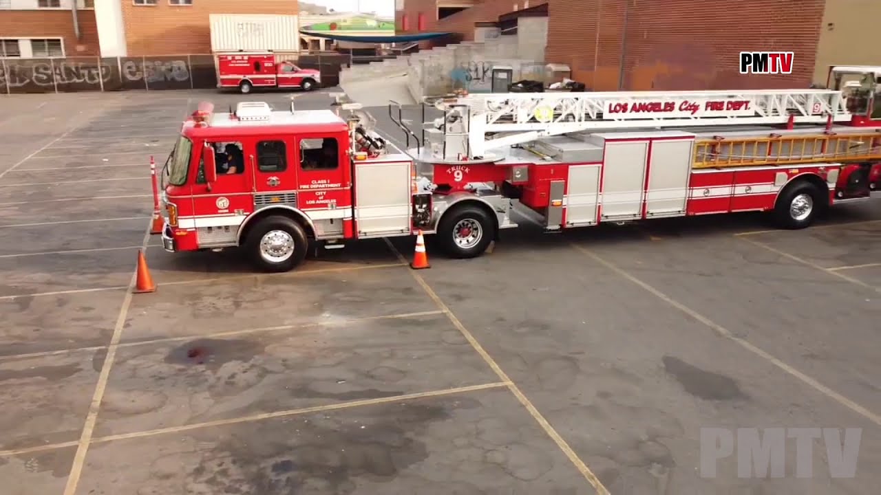 LAFD Tiller Truck Training Next To Skid Rows Station 9 With DTLA View | Downtown LA