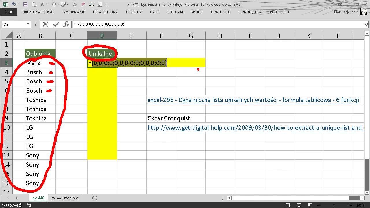 excel-448 - Dynamiczna lista unikalnych wartości - formuła Oscara