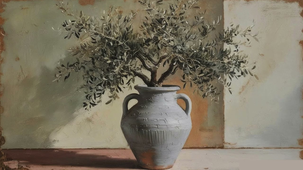 🌿 Mediterranean Still Life | Olive Tree in Terracotta Vase | Calming Oil Painting for Frame TV Art