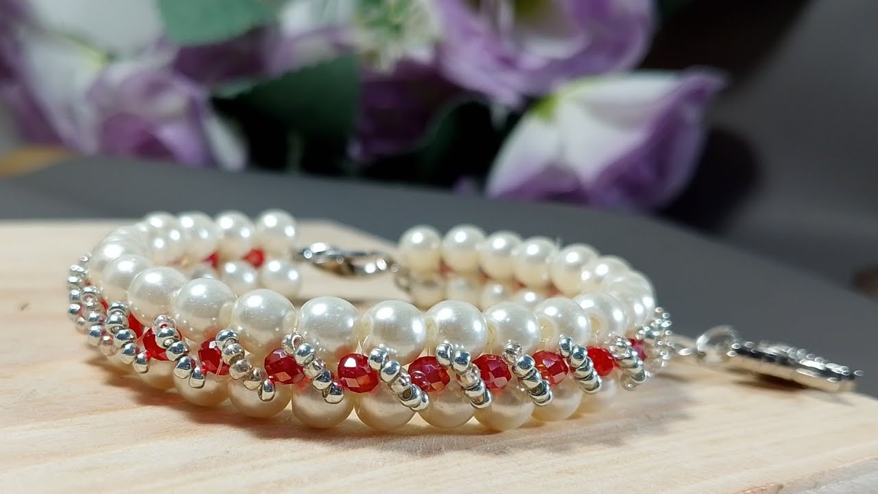 Diy bracelet|​Elegant Pearl and Red Crystal Beaded Bracelet |DIY Jewelry Tutorial Idea ❤