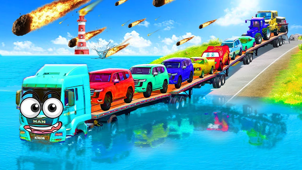 Triple Flatbed Trailer Truck Chaos - McQueen Transport vs Speedbumps vs Cars vs Train | BeamNG #13 😱
