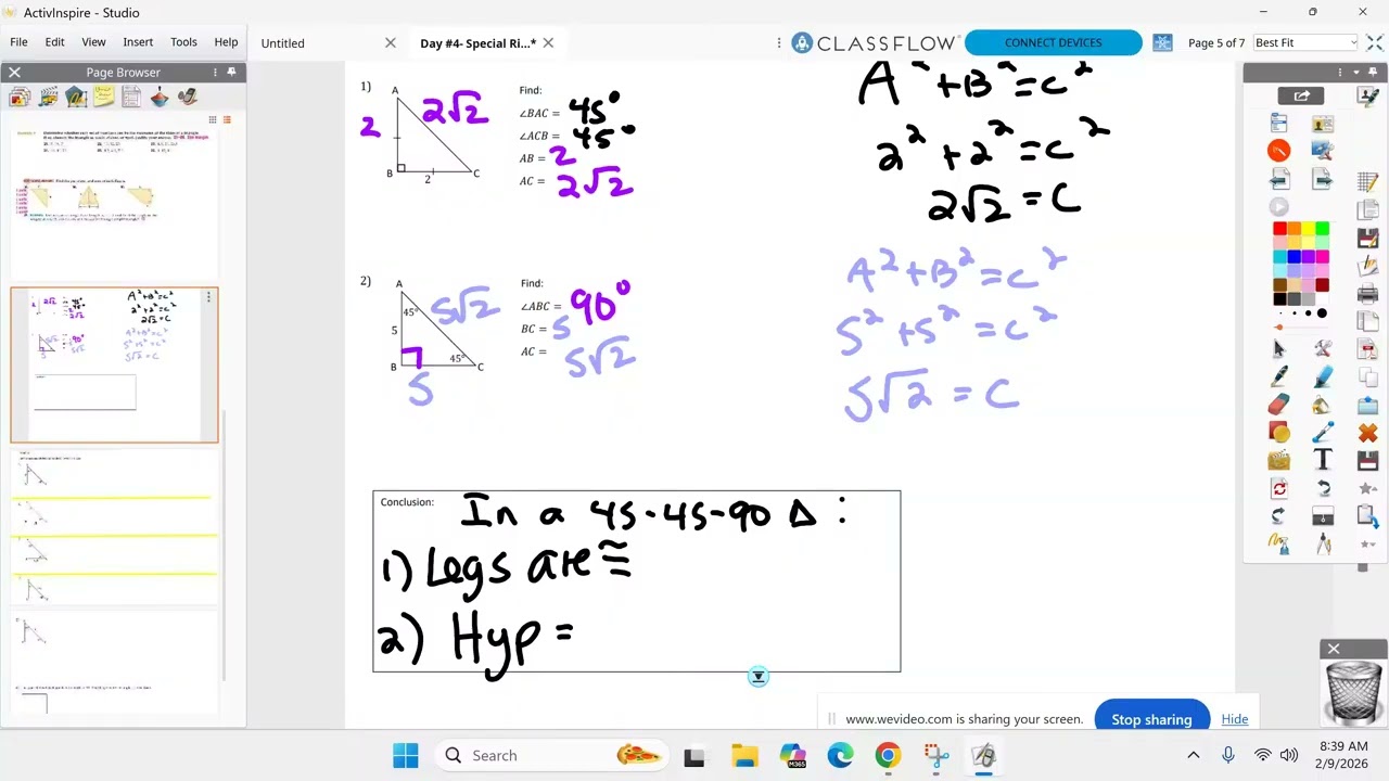 Honors Geometry BC February 9th - Unit 8 Day 4 - Special Right Triangles (45-45-90)
