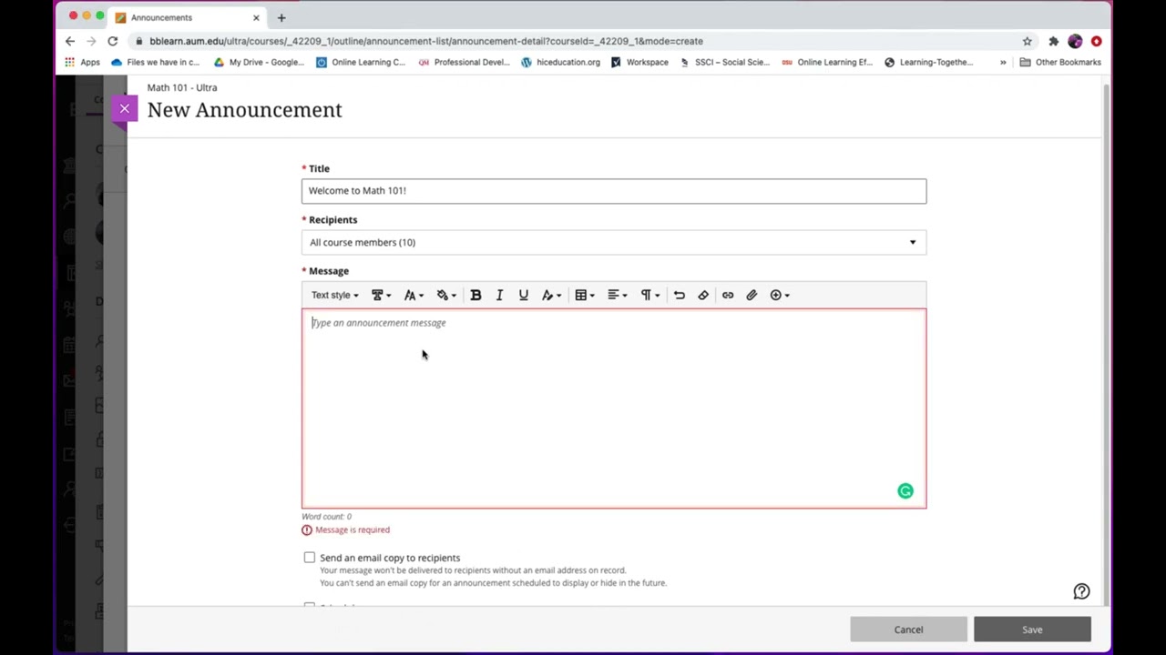 Blackboard Ultra Announcement: Creating a Course Announcement