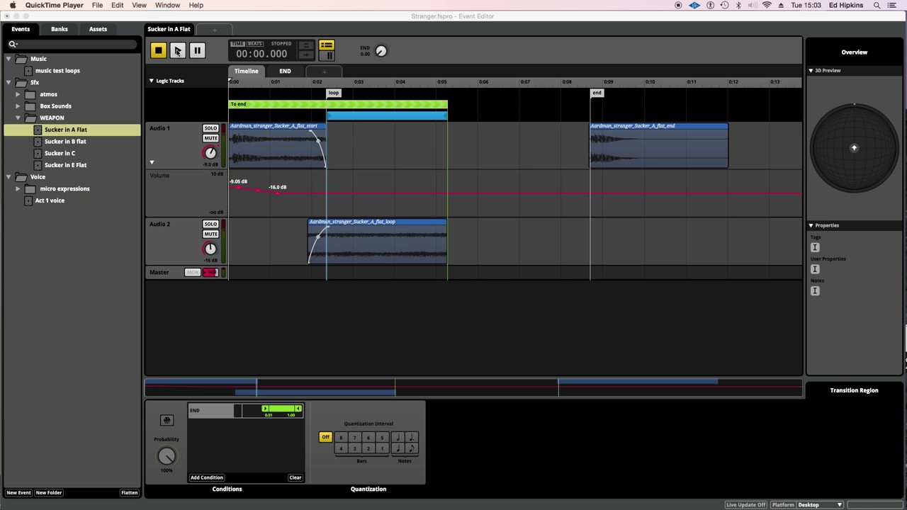 Creating a simple start-loop-end weapon sound in FMOD