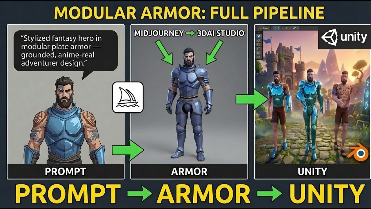 Modular Armor for Any Character | Midjourney &rarr; 3D AI Studio &rarr; Blender &rarr; Unity (Full Workflow)