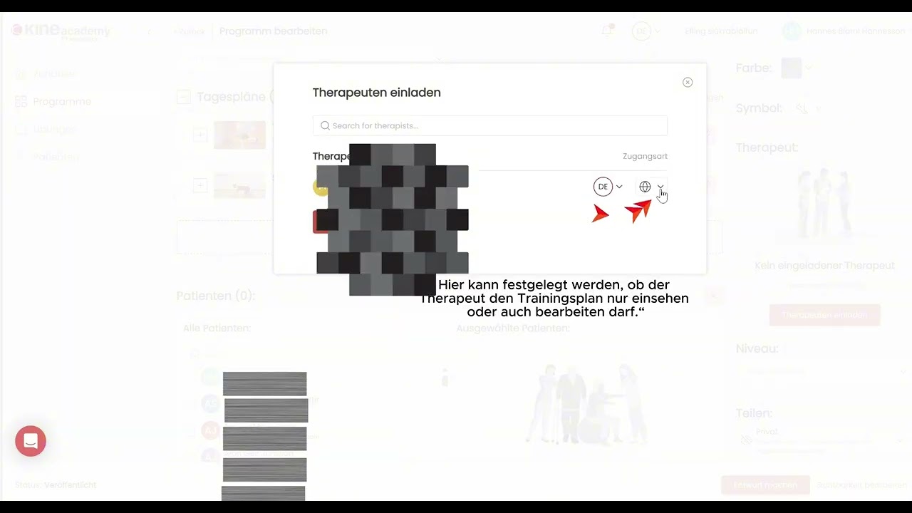Einen Therapeuten einladen und den Trainingsplan mit der Praxis teilen
