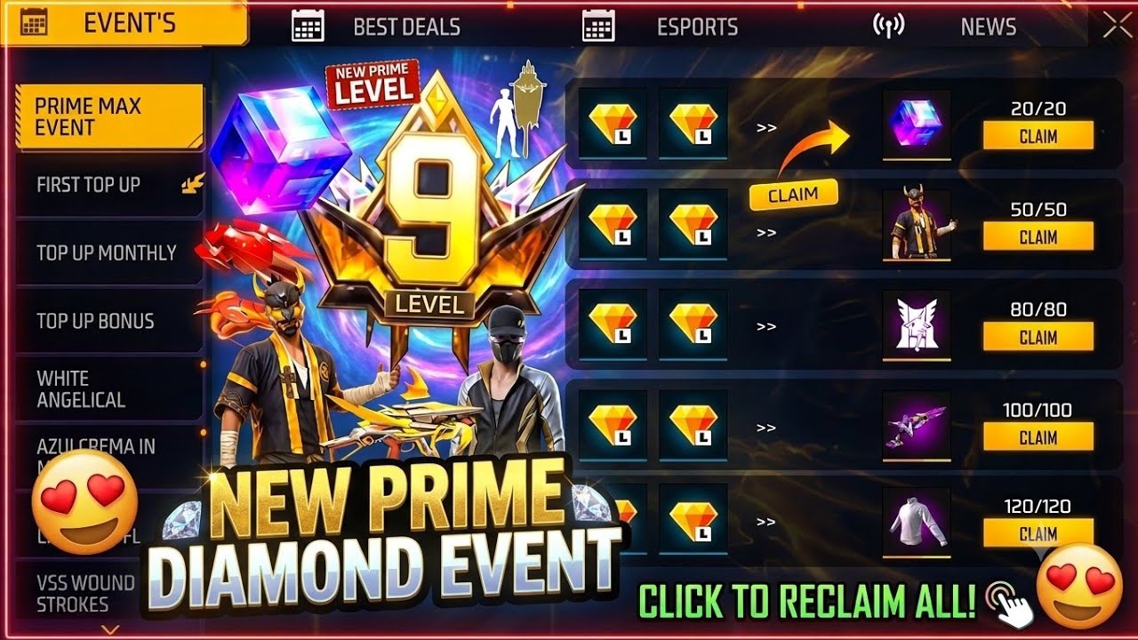 NEW PRIME DAIMOND🤩EVENT FREE FIRE || PRIME 9 LEVEL EVENT FREE FIRE || FREE FIRE NEW EVENT