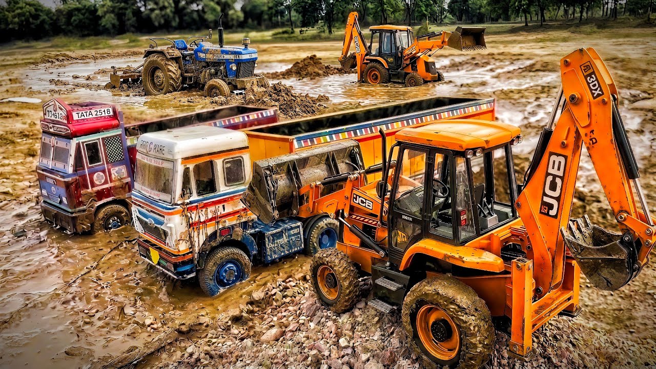 🚛 Big Truck Accident in Mud Water 😱 | JCB 3DX & Tractor Rescue Toy Truck Action✨