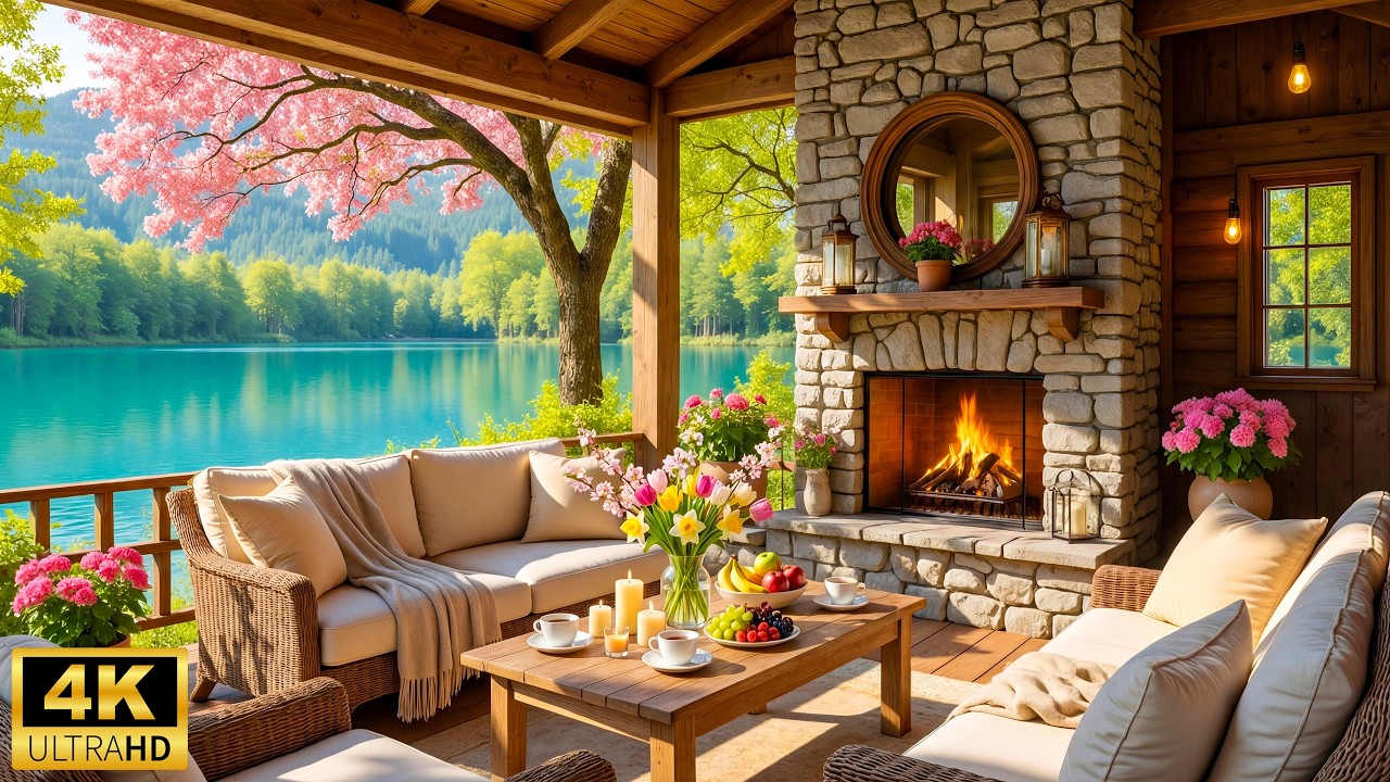 Cozy Spring Porch by the Lake 🌺 Relaxing Piano Music with Birdsong & Fireplace Sounds for Sleep
