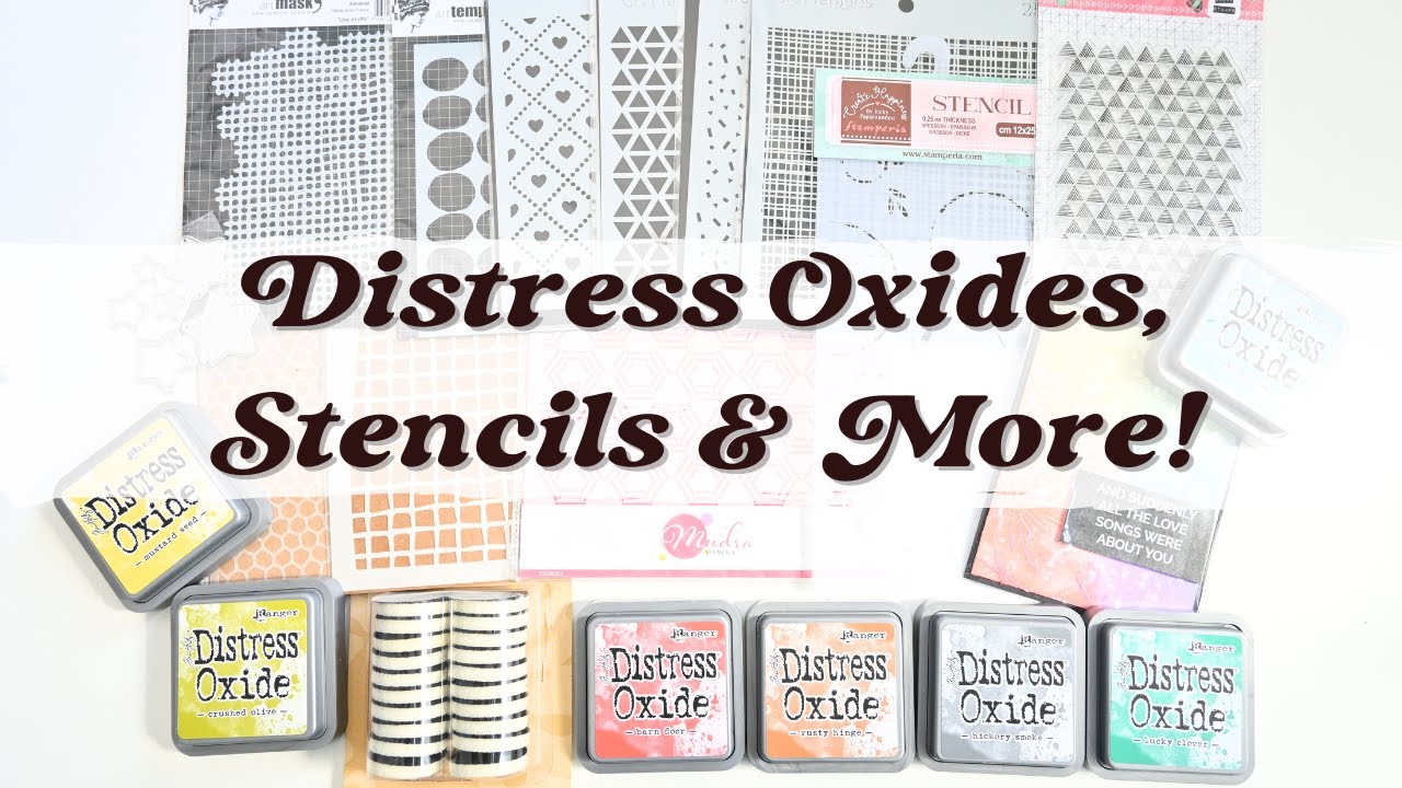 Mixed media supplies haul | Distress Oxide ink pad swatches, Stamp and Stencils