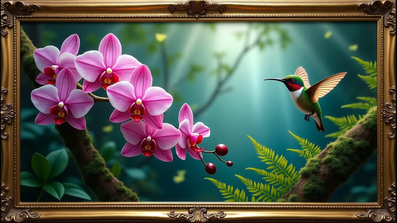 Orchids of the Emerald Mist | Gold Frame TV Art | Art Screensaver for TV 3 Hrs