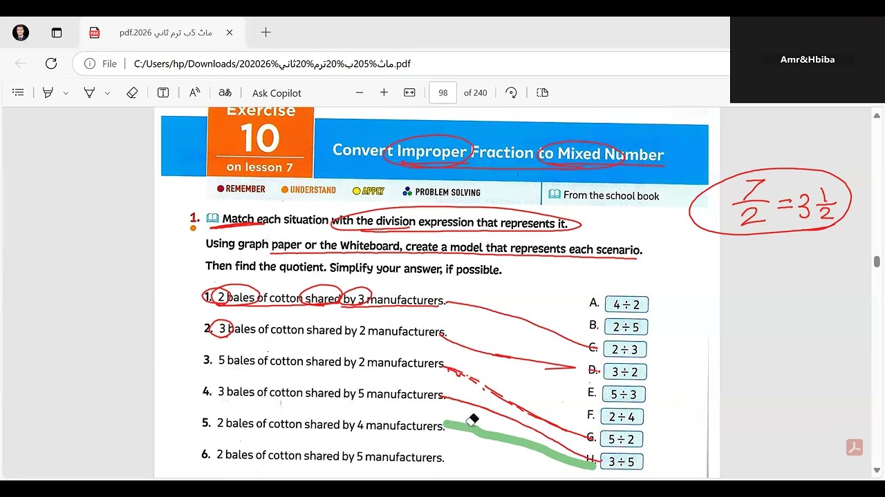 حل شرح كتاب المعاصر ماث صفحه 97 Grade 5| unit 3| Convert improper Fraction to mixed number| lesson 7