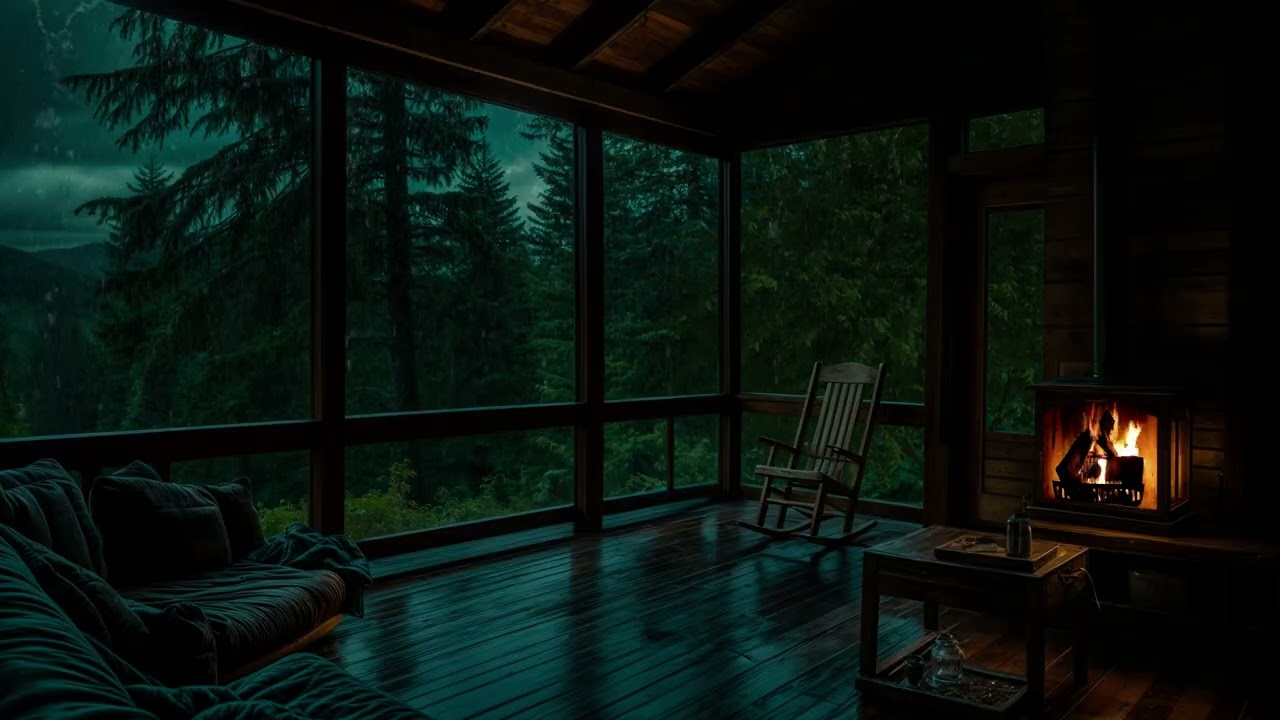 Quiet Forest Night Rain in a Cozy Cabin | Fireplace for Deep Sleep | No Mid Ads