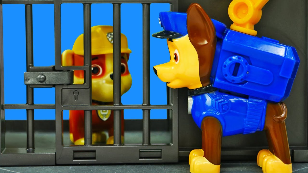 Paw Patrol Spielzeug. Chase und Rublle schwänzen die Schule. Tolle Spielzeugautos