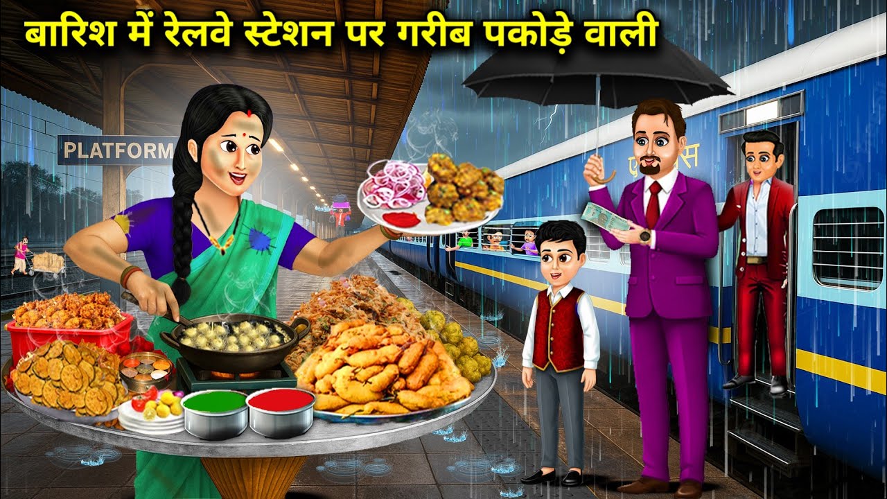 बारिश में रेलवे स्टेशन पर गरीब पकोड़े वाली || Poor Pakoras At Railway Station Rain || Cartoon video