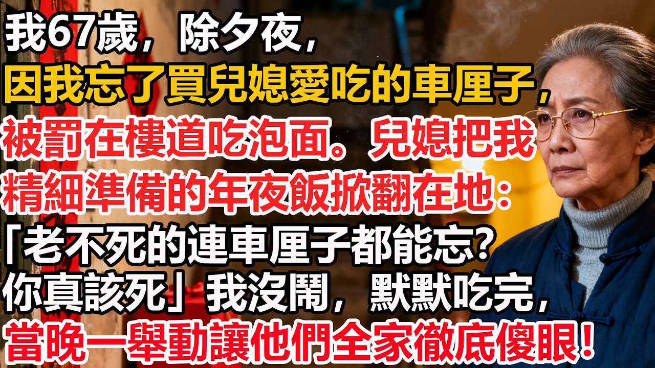 【我67歲】 除夕夜，因我忘了買兒媳愛吃的車厘子，被罰在樓道吃泡面。兒媳把我精細準備的年夜飯掀翻在地：「老不死的連車厘子都能忘？你真該死」我沒鬧，默默吃完，當晚一舉動讓他們全家徹底傻眼！