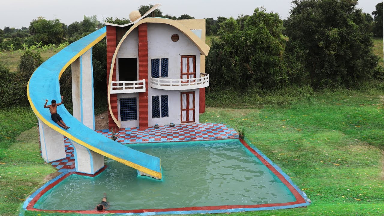 Spent 150Days To Build The Most Beautiful 3 Story Mud House With Amazing Water Slide & Swimming Pool