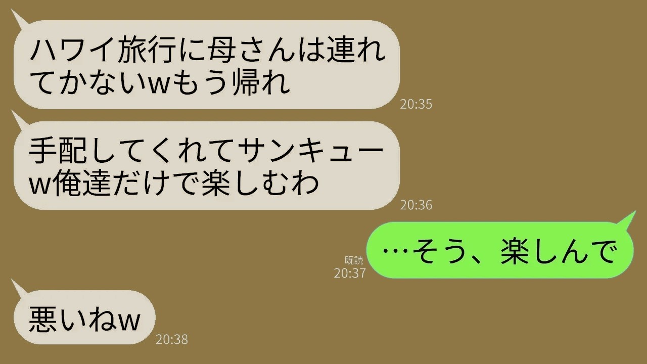 【LINE】私が計画したハワイ旅行なのに私だけ空港に置き去りにして旅行に行く息子夫婦「義両親と行ってくるわw」→速攻で宿泊先と帰りの便をキャンセルしてやった結果ｗww