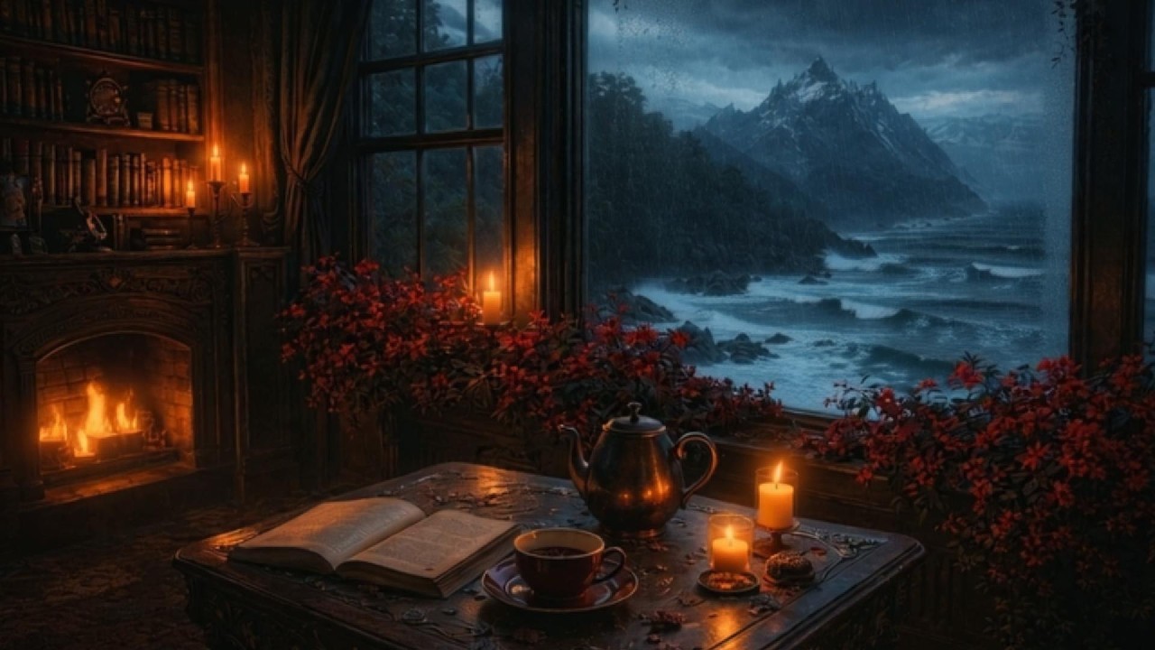 Rain & Ocean Waves by the Fireplace 🌧️ Cozy Night Ambience with Soft Music for Relax, Study & Sleep